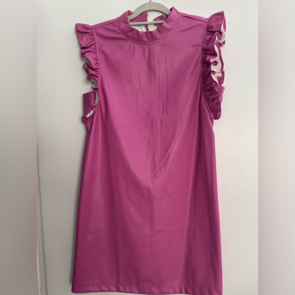 Elegant Pink Ruffle Dress Vegan Leather Rose M lined